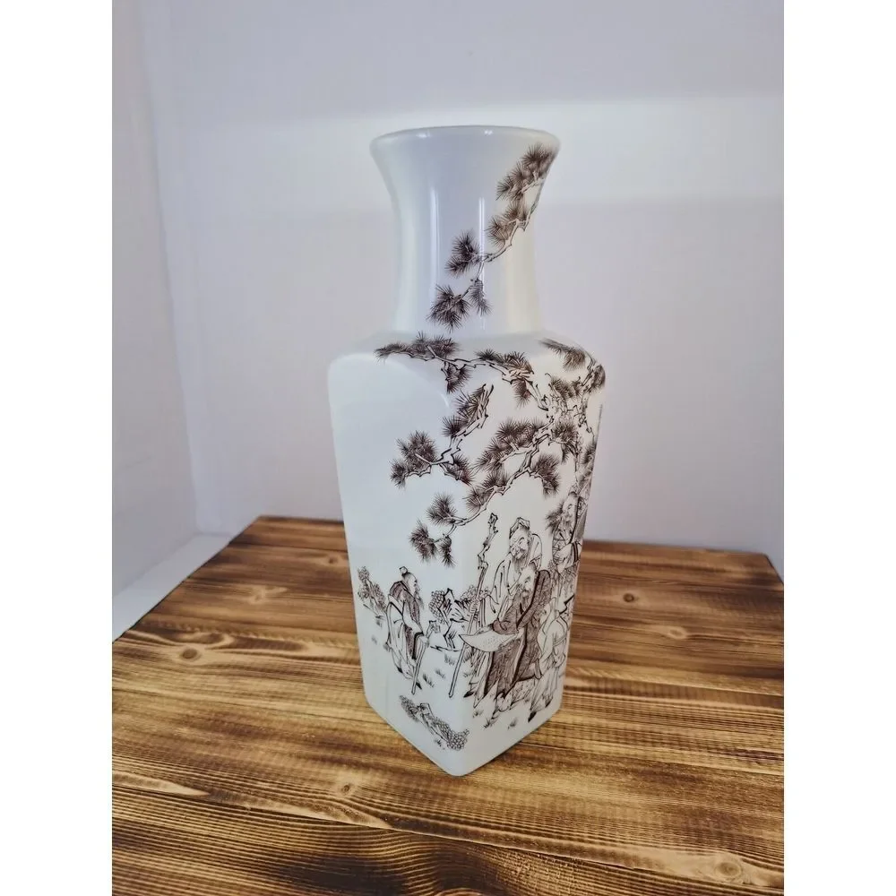 Vintage JAPAN Porcelain vase‎ with Japanese scene man reading scroll brown white